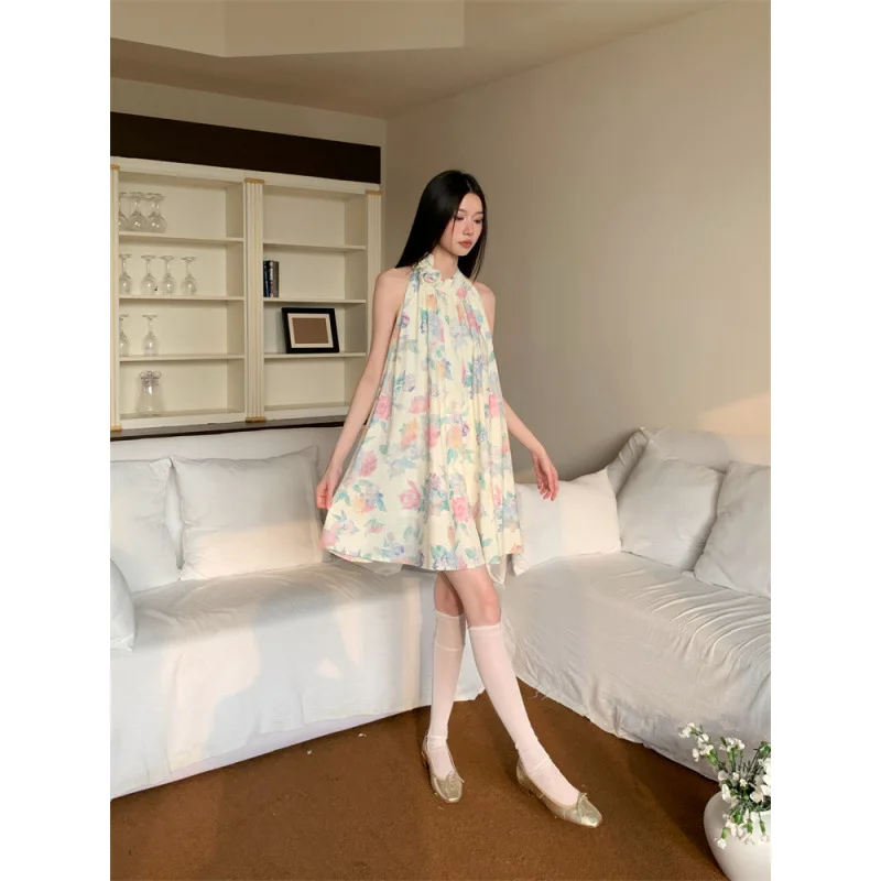 Elegância francesa floral impresso algodão-linho sem mangas halter mini vestido evasê para mulher y2k solto férias fada saias largas