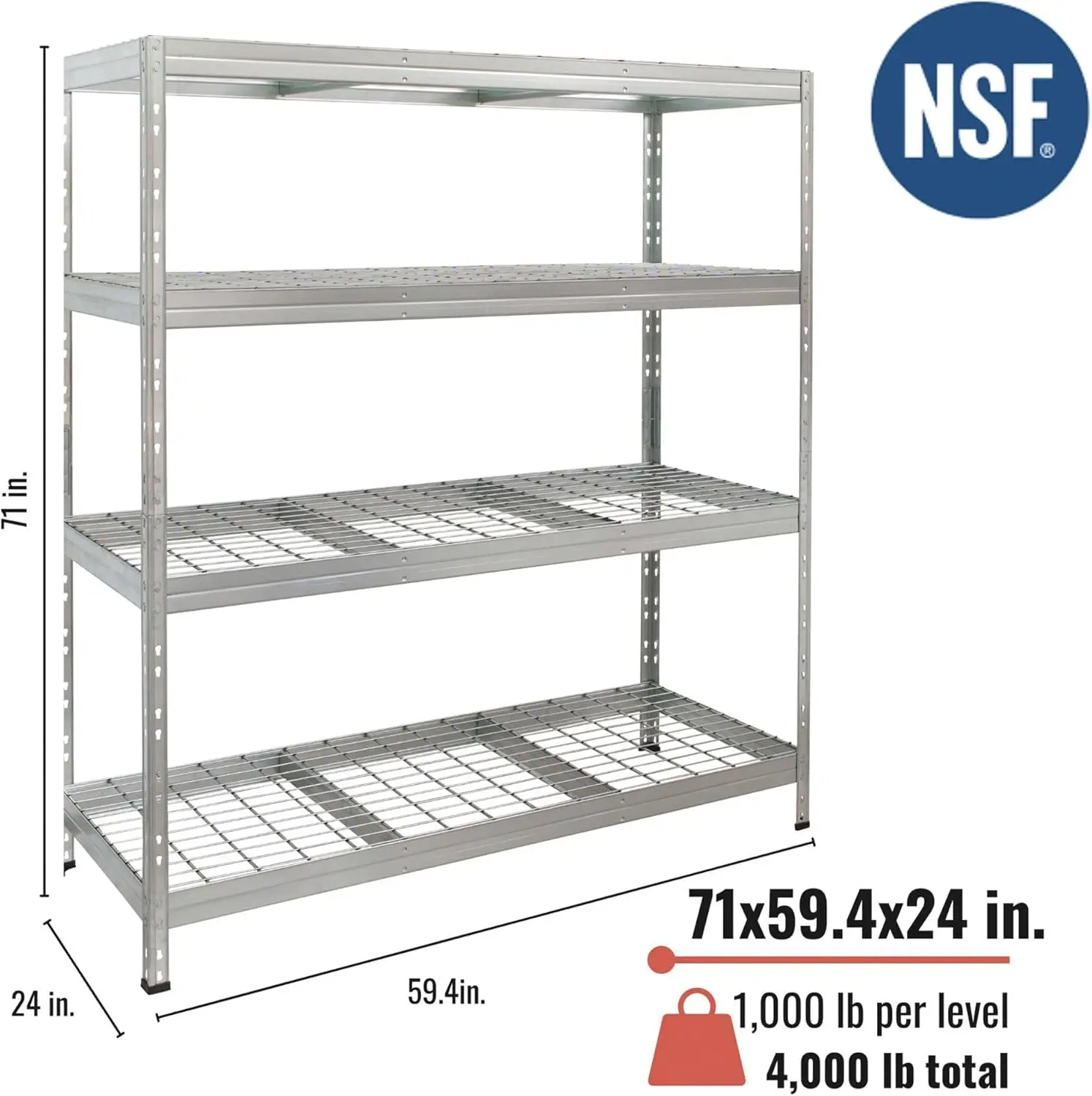 Galvanized Wire Deck Shelving, 4 Shelves, 880-Lb. Capacity Per Shelf, 59.5In.W X 24In.D X 71In.H, Model# Trm18401K/10-37Zg00