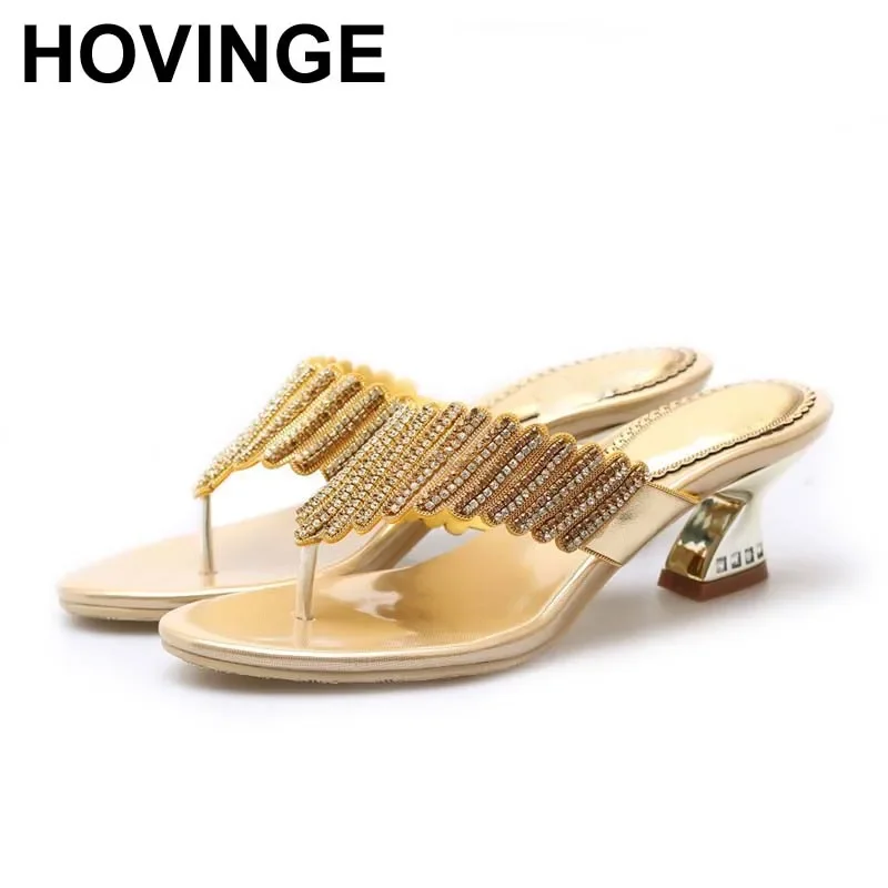 HOVINGE  Sliders Shoes Women Summer Footwear Low Heel Silver Rhinestone Gold