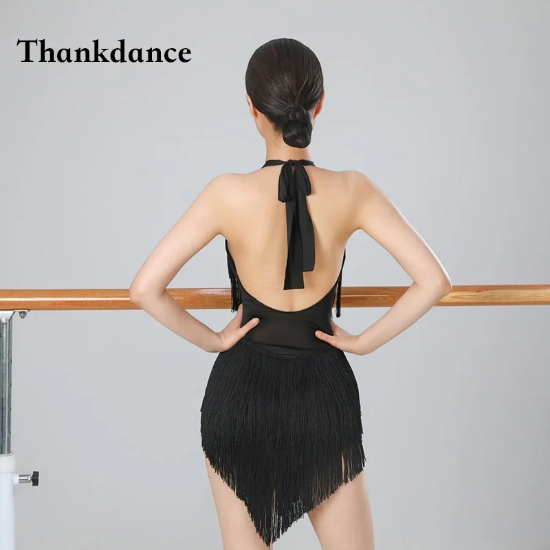 여성용 성인 라틴 댄스 드레스 섹시한 대회 의상 홀터넥 프린지 드레스 차차 룸바 삼바 공연 의상