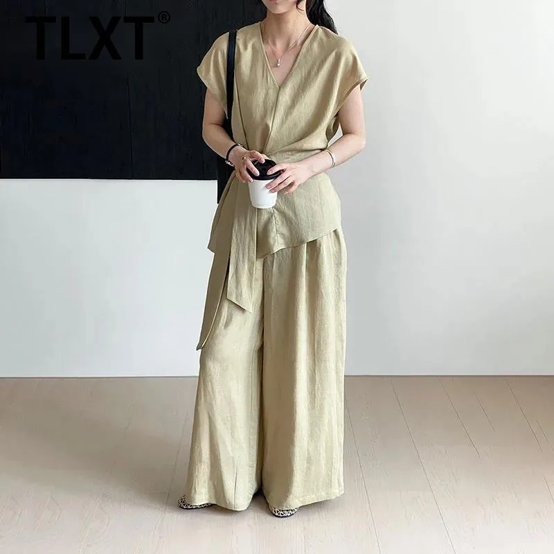 

TLXT Elegant Women's 2 Piece Set Bandage Gathered Waist Vest+high Waist Straight Pants Female Suits 2025 Summer New XK1340