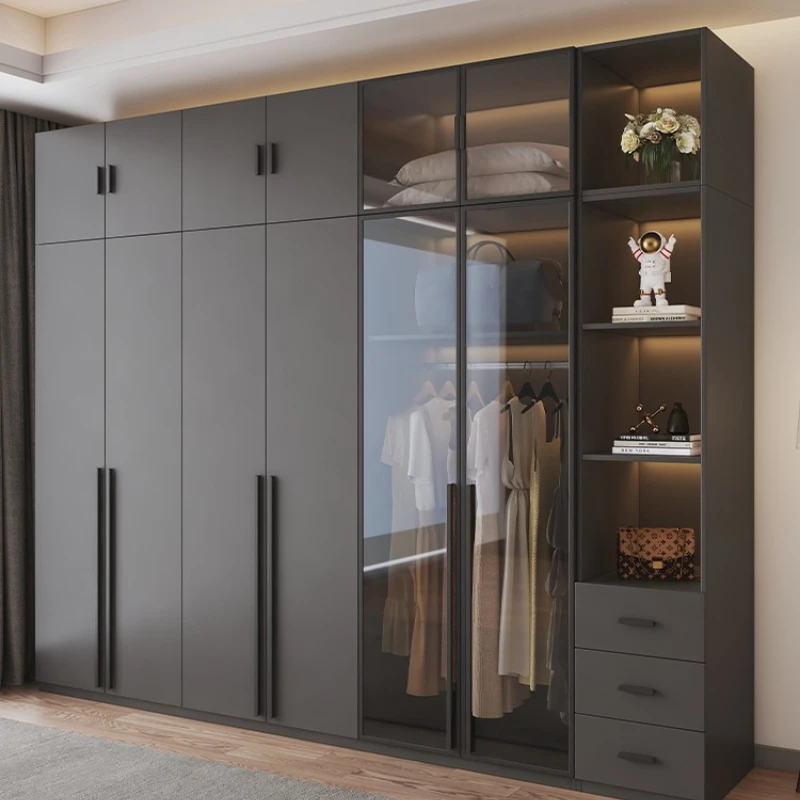 

Light luxury glass door solid wood wardrobe home bedroom modern simple cloakroom combination three four five six eight wardrobe