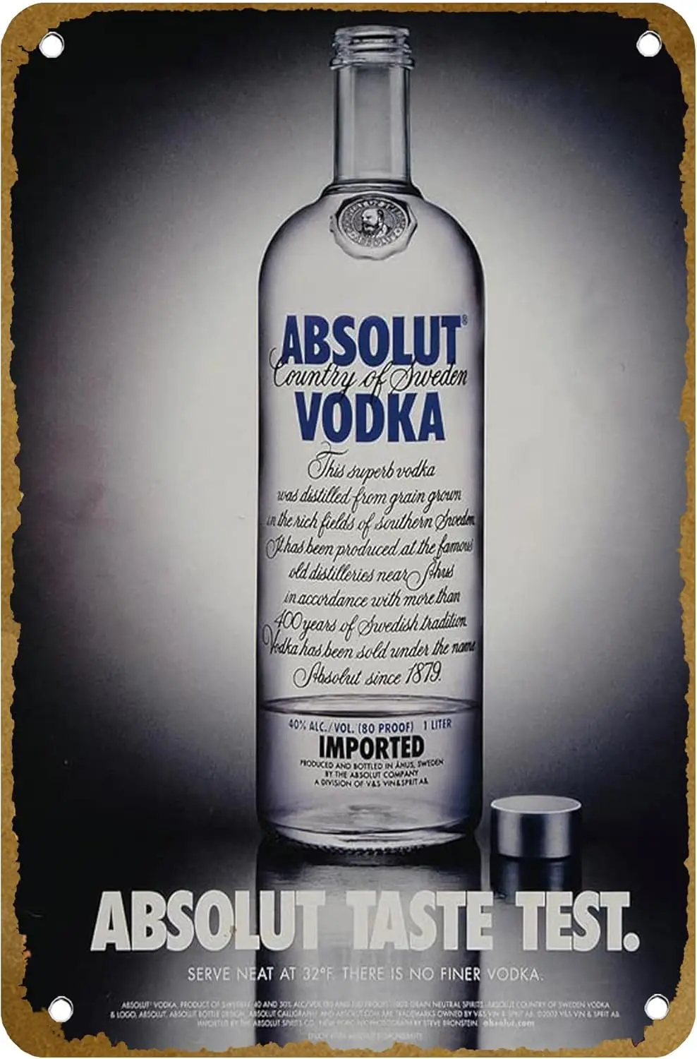 2002 Ad Absolut Taste Test Botella de vodka Steve Bronstein - Póster ORIGINAL ABS2 Cartel de chapa de metal Logo Family Club Bar Café Dormitorio