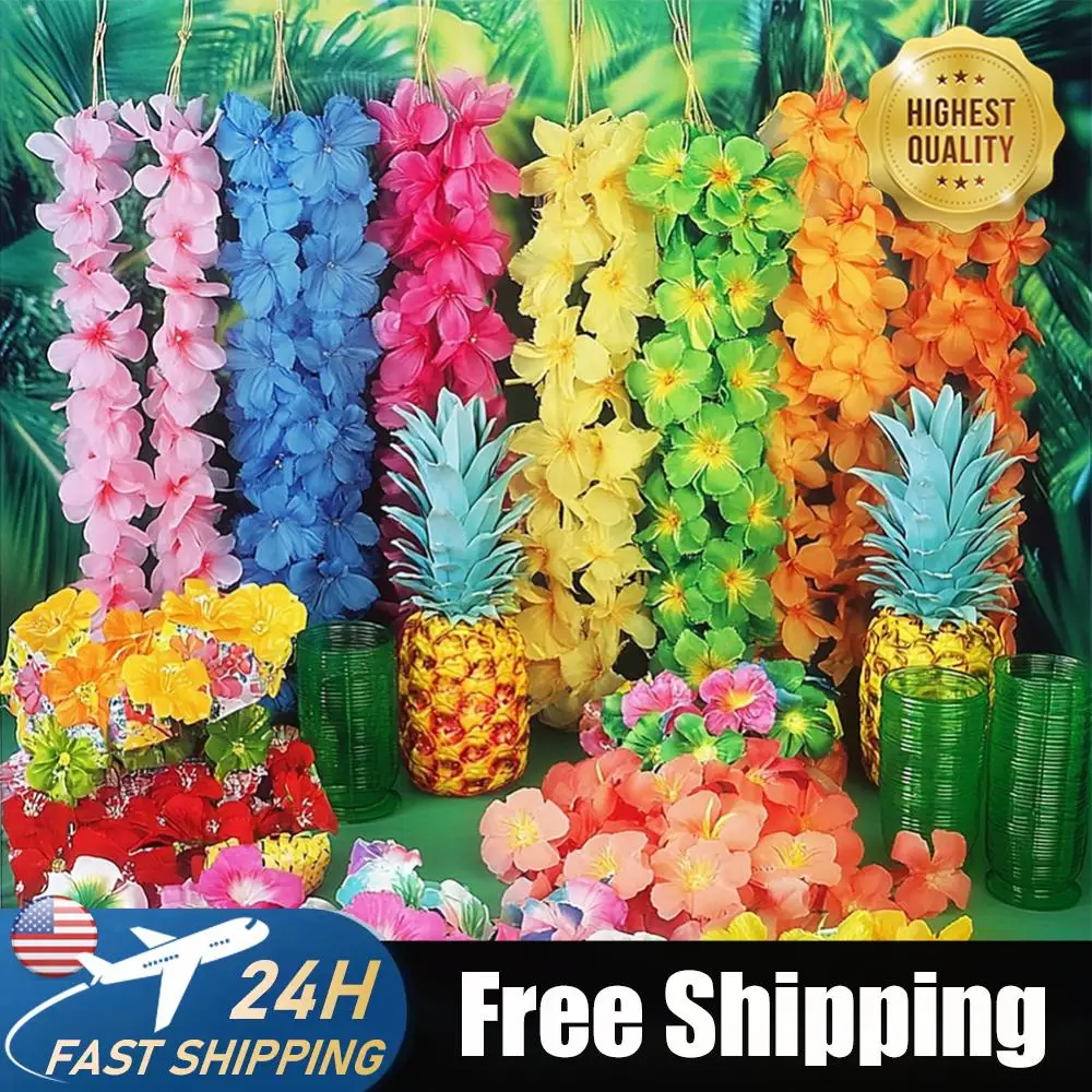 70 Pcs Hawaiian Luau Leis Decorations Supplies with Hibiscus Flowers Necklace Simulation Leaf Tropical Party Decoration Supplies