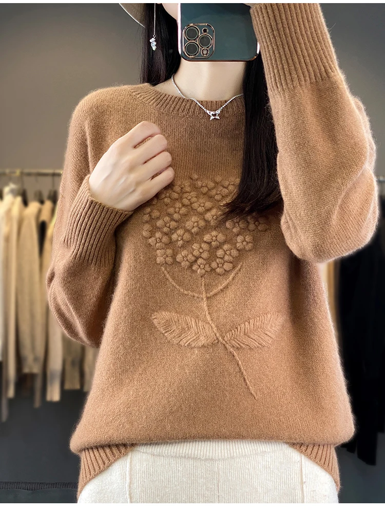 Chic Women's Pullovers O-Neck Twist Flower 100% Merino Wool Basic Soft Warm Casual Loose Mori Girl Style Clothing Tops