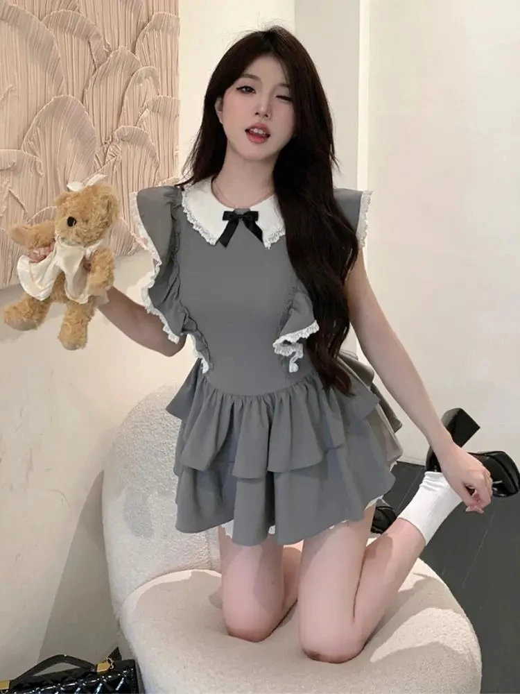 Sexy Dresses Women Hotsweet Panelled Lace Cake-skirt Korean Style Stylish Hipster Flying Sleeve High Street Summer Mini Chic New