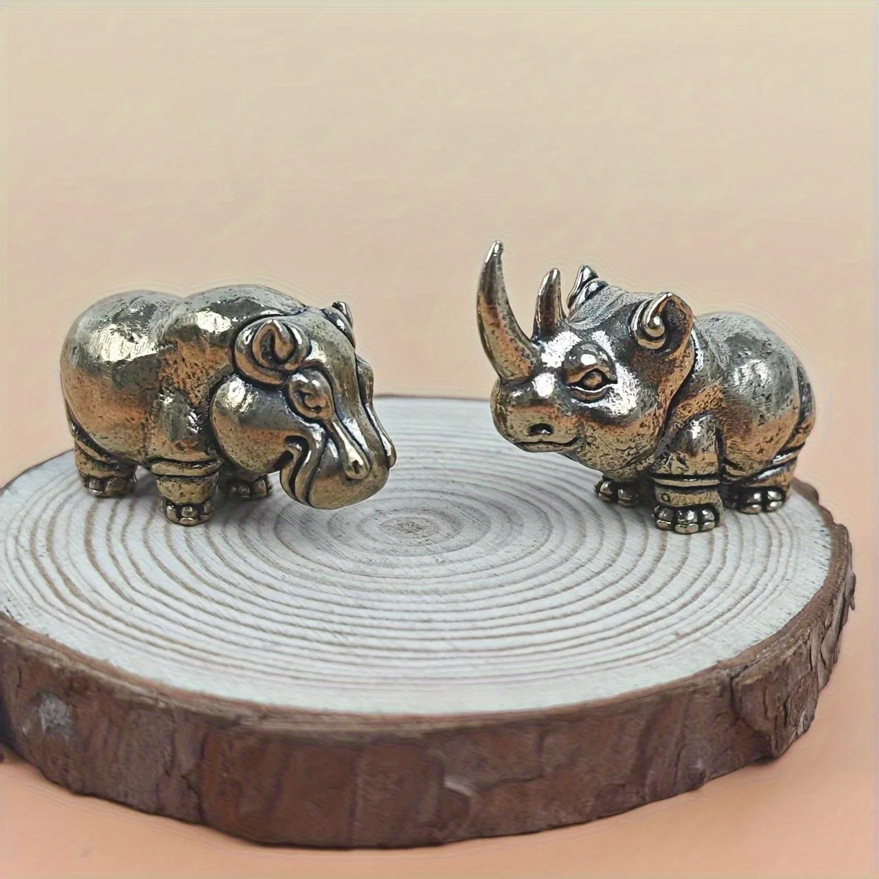 2 classic brass animal ornaments: exquisite rhinoceros and hippopotamus decoration, perfect for coffee table or desk