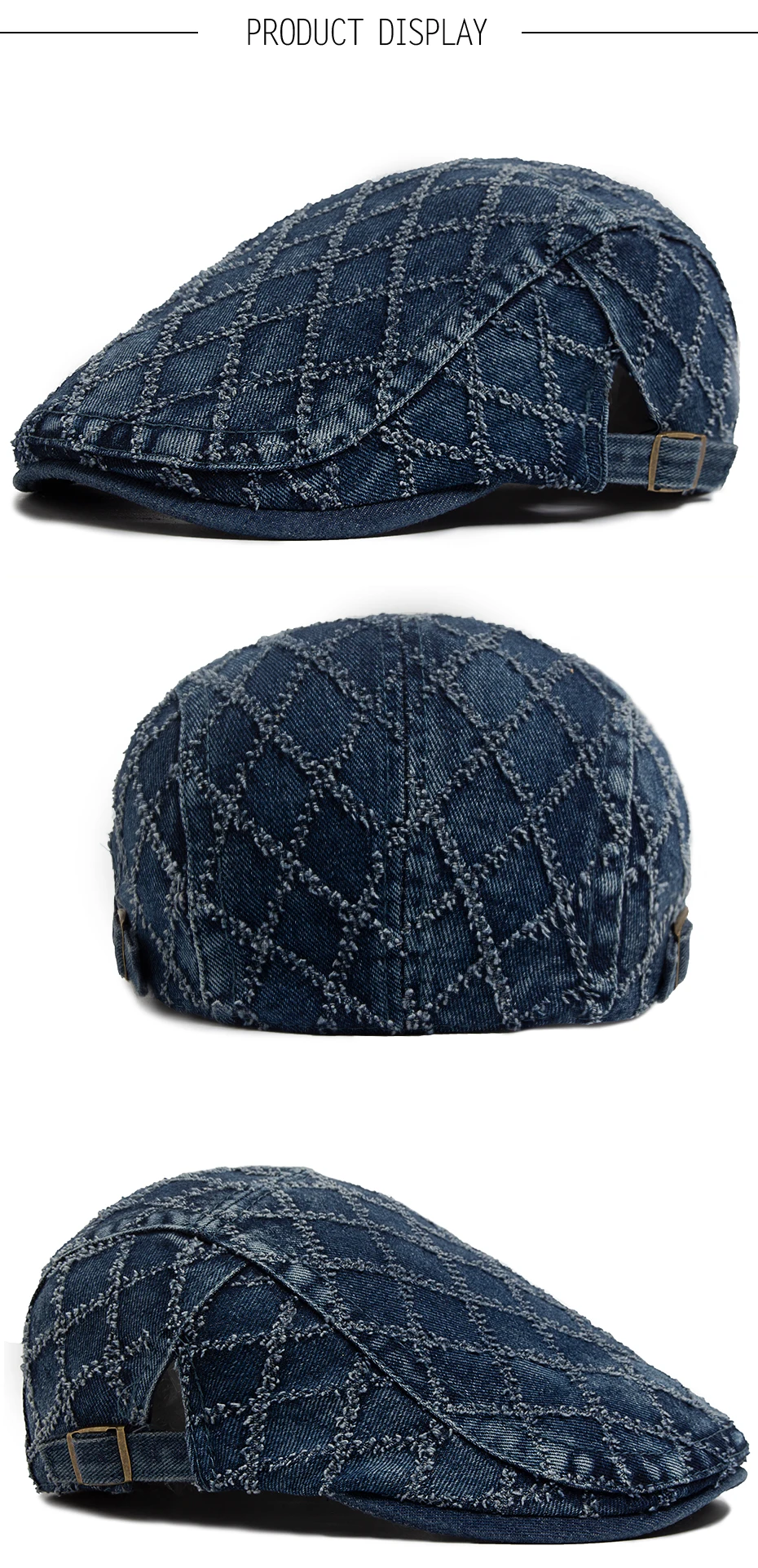 Denim Plaid Vintage Männer Berets Gewaschene Baumwolle frauen Baskenmütze Retro Casual Einfarbig Flache Kappe Sommer Sonnenblende Kappe Einstellbar – Detail 4
