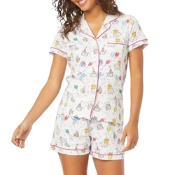 Cartoon Print Pajamas Set 2 Pieces Loungewear Suits Summer Short Sleeve Blouse Shirts Tops and Shorts Sleepwear Comfy Outfits