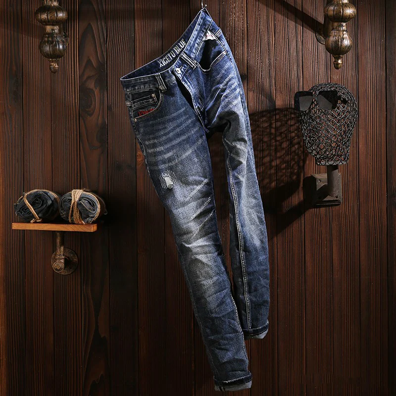Fashion Designer Men Jeans High Quality Retro Blue Stretch Slim Fit Ripped Jeans Men Italian Style Vintage Denim Pants Hombre