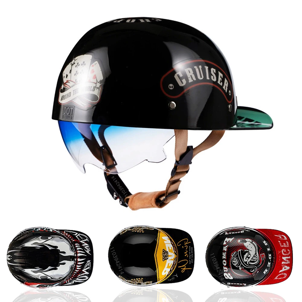 Motorradhelm Street Retro Baseball Cap Moto Helm mit blauen Gläsern Halbhelm Herren Damen Capacete