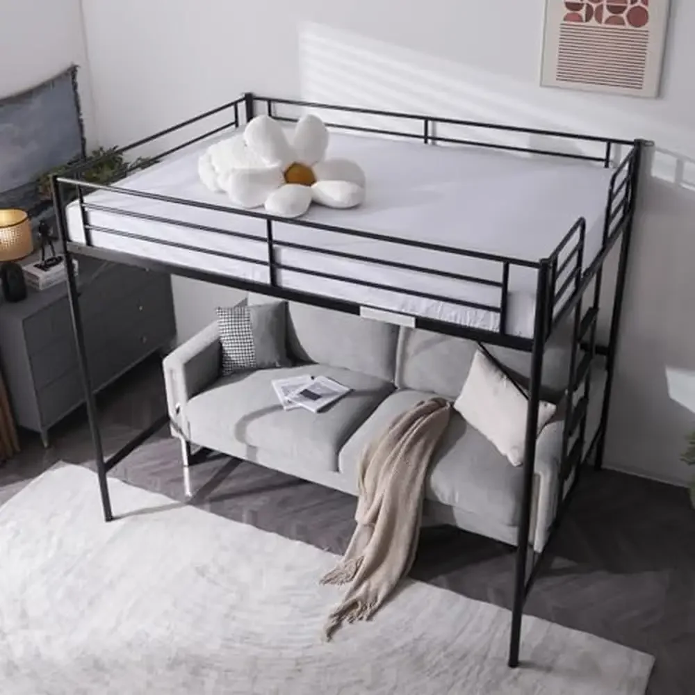 Metal Loft Bed Full Size 440lbs Capacity No Box Spring Black Flat Rungs Easy Assembly