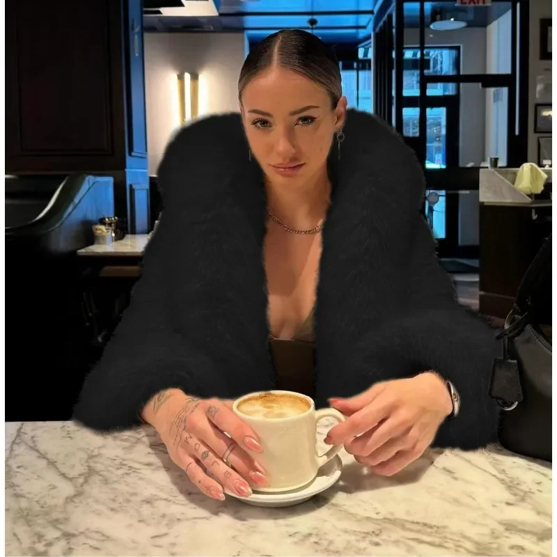 Winter witte nepbont jas met capuchon damesmode pluizige verdikking lange mouwen pluche korte stijl jas dame casual streetwear