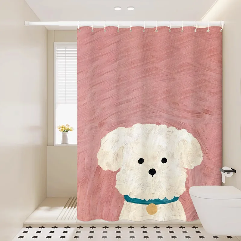 VIKAMA Entzückender Duschvorhang mit Welpen-Aufdruck, nordisches Badezimmer im Instagram-Stil, warme, heilende und verspielte Atmosphäre