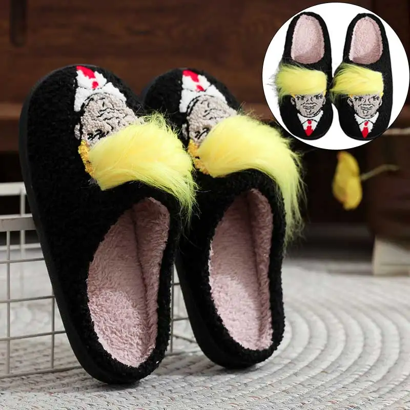 Plush Trump Wig Slippers Closed Toe Slippers Winter Comfortable Warm Slip-on House Shoes Unisex Non-Slip Funny Thermal Slippers