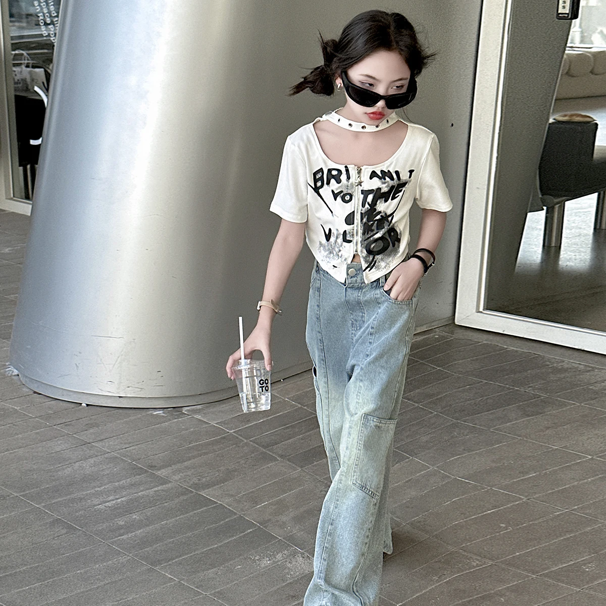 summer 8 10 12 14 junior girls Zipper shirt cotton Irregular short t-shirt for kids girl clothes fashion Korean child t-shirts