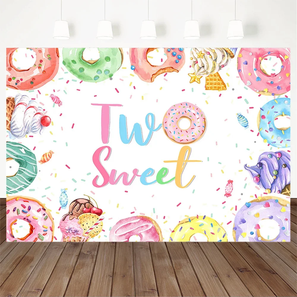 Mocsicka-Fondo de fiesta de dos cumpleaños para niña, Donut dulce, pancarta, helado, fondo de dulces, decoración de mesa de postre, fotomatón