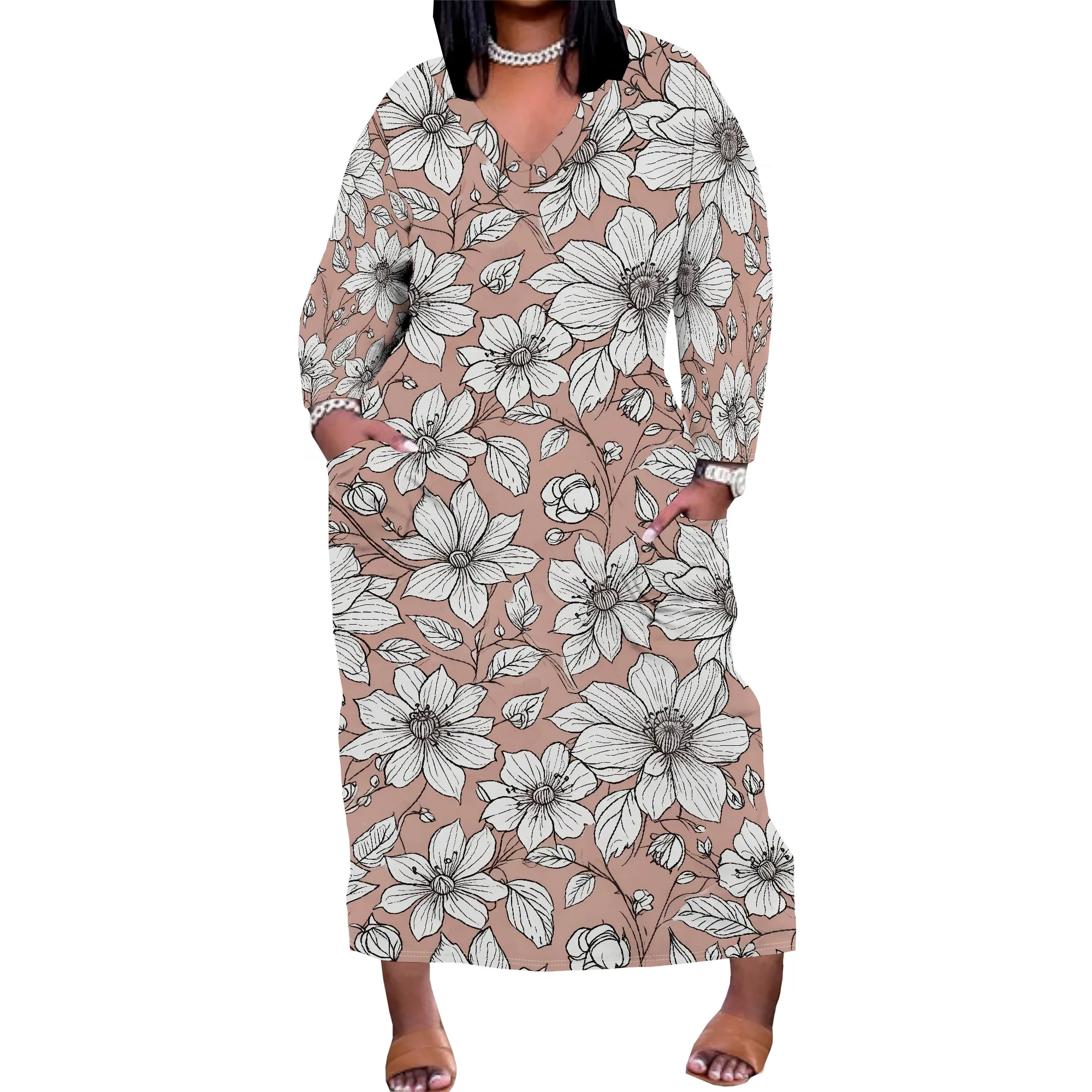 

Plus Size Dresses for Curvy Women Sexy Long Sleeve Maxi Dress with Pockets Colorful Afrian Print Dress Fall