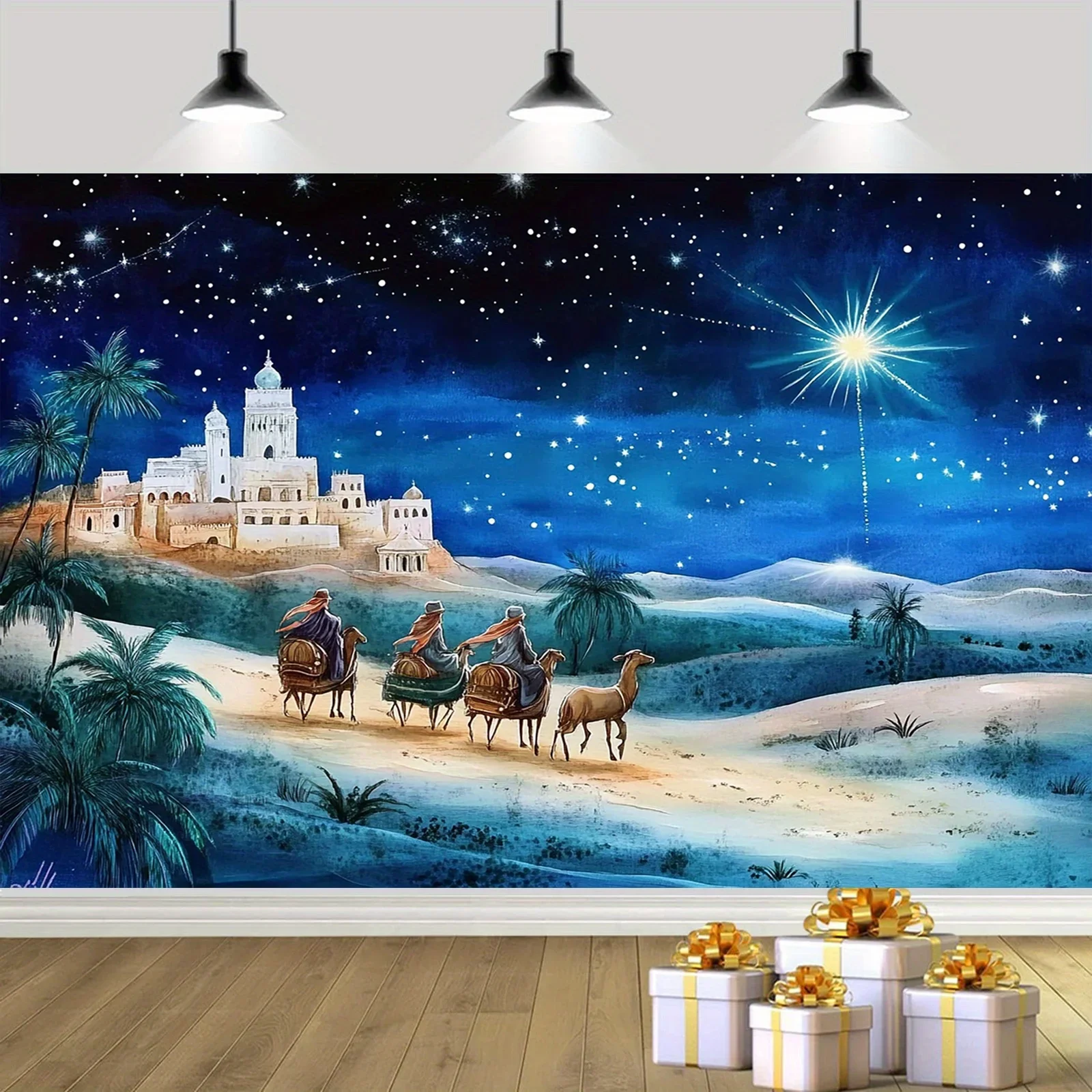 مسطح ثنائي الأبعاد، قطعة واحدة من لافتة مشهد المهد الكبيرة - منظر طبيعي صحراوي ليلي مرصع بالنجوم مع ثلاثة رجال حكماء، قافلة الجمل وكنيسة بيثليهيم