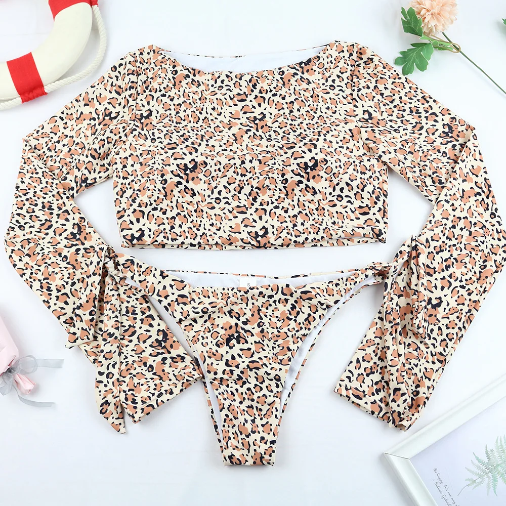 Women\'s Two Pieces Swimsuit Leopard Printing Bikini Long Sleeve Sun Protection Rash Guard Padded Swimwear Swimming Bathing Suits