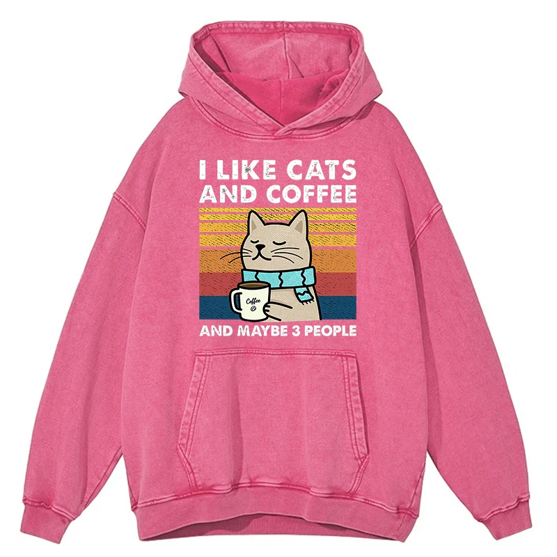 Vintage Distressed Washing I Like Cats And Coffee Street Funny Mens Clothes Cotton Hip Hop Hoodie Casual Loose Sweatshirt Hoody