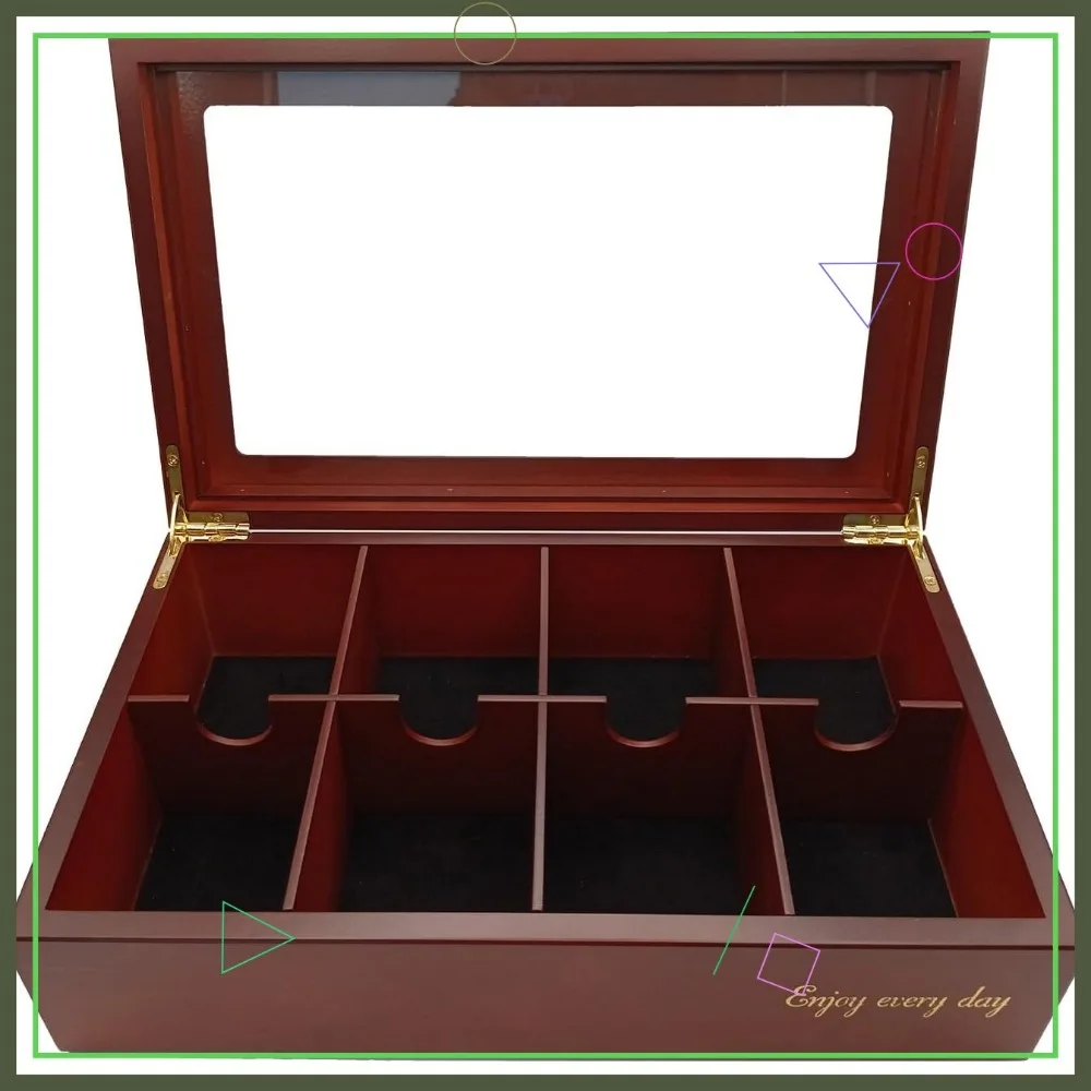 

Wooden Tea Box with 8 Compartments, Large Capacity Vintage Storage Container, Cherry Color and Window Lid