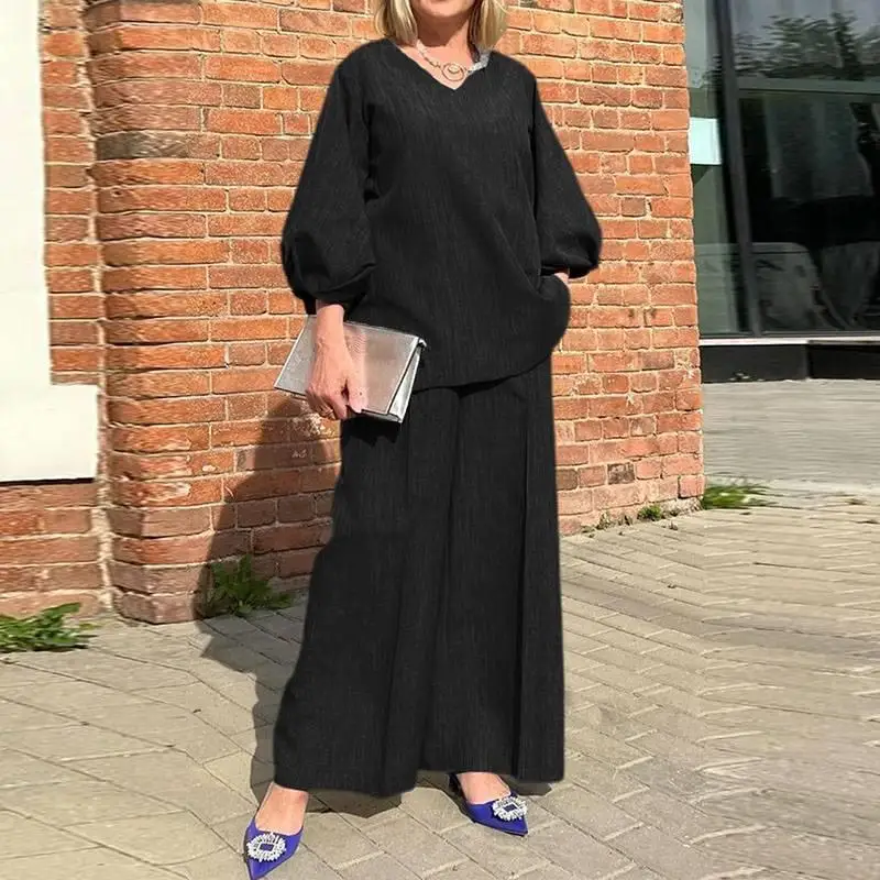 Pantaloni lunghi in vita elastica a maniche lunghe con bolle di moda autunnale Set da 2 pezzi Pantaloni lunghi a gamba larga allentati casual retrò Abito da ufficio da donna