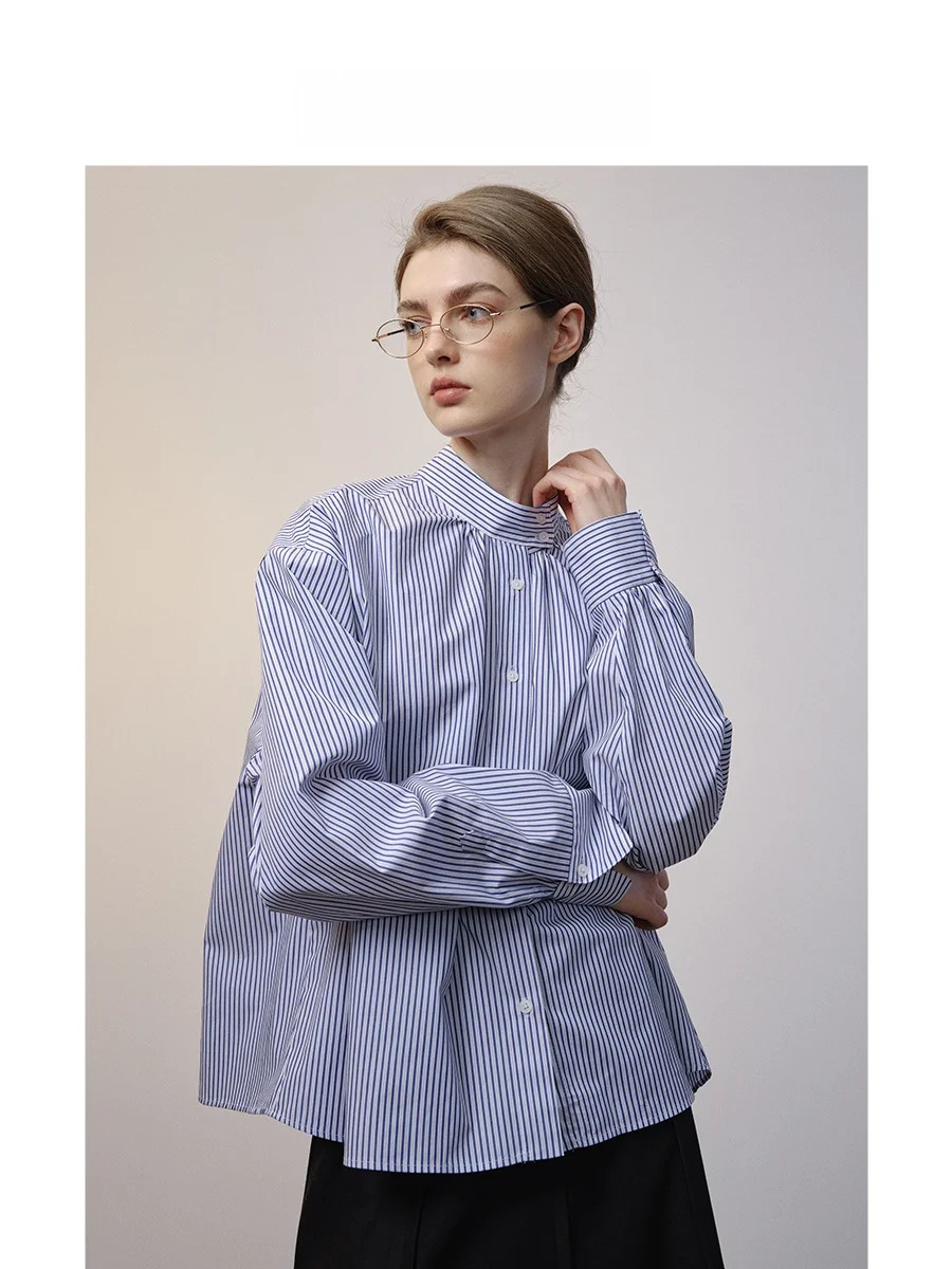 

Женская свободная рубашка Havehas Lectual в синюю полоску, уникальный дизайн, воротник-стойка, длинный рукав, удобная, дышащая, из смесового хлопка