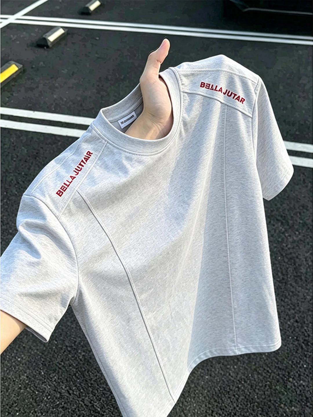 Cleanfit Black Letter Embroidery Short Sleeve Men's Summer Boxy Deconstructed Patchwork T-shirt American Style Half Sleeve