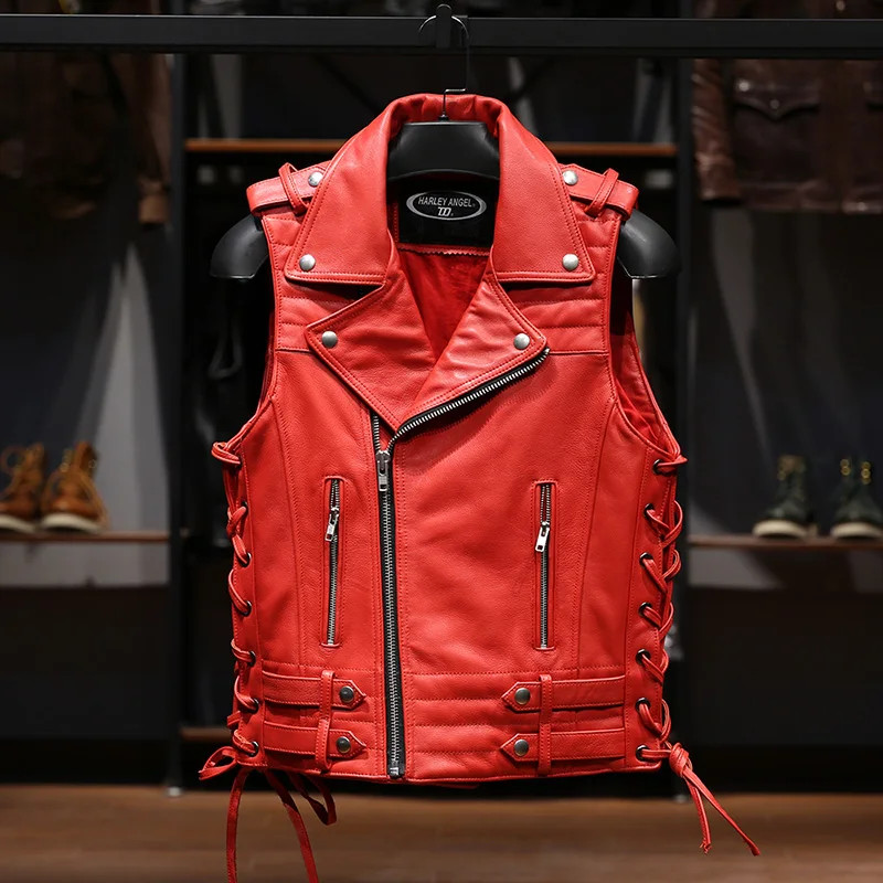 Spring autumn biker models leather vest men's women lapel diagonal zipper red cowhide horse clip shoulders undershirt coat