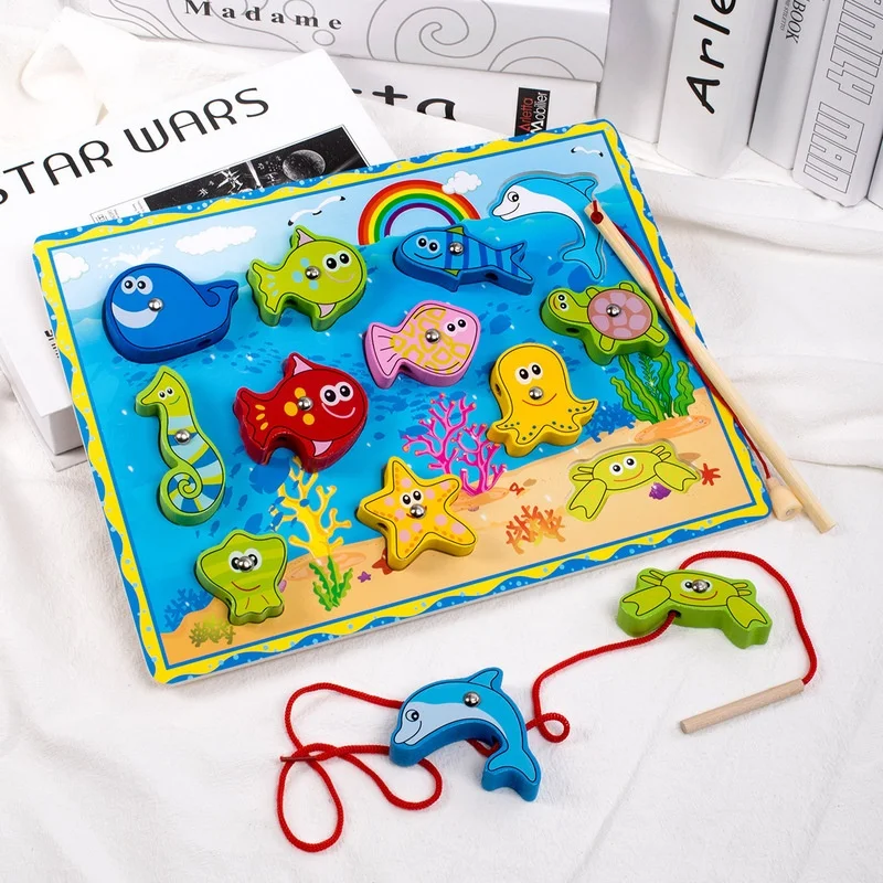 

Wooden Magnetic Threading Fishing Animal Stereo Pairing Board Baby Beading Early Education Montessori Intelligence Toy