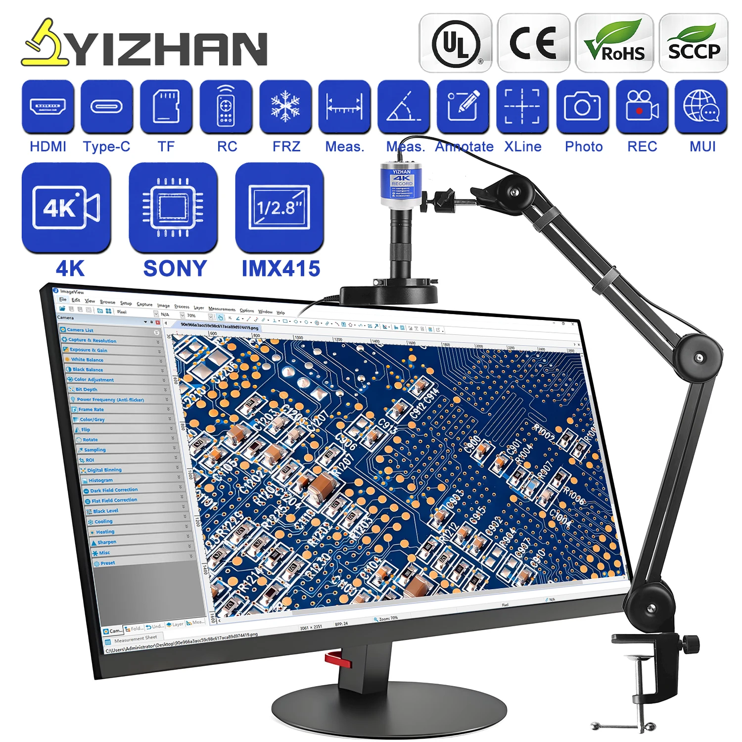 YIZHAN 4K Elektronisches Digitalmikroskop zum Löten, IMX415 Sensor, HDMI, USB, VGA, Anti-Vibrations-Halterung mit Software, 150x Objektiv