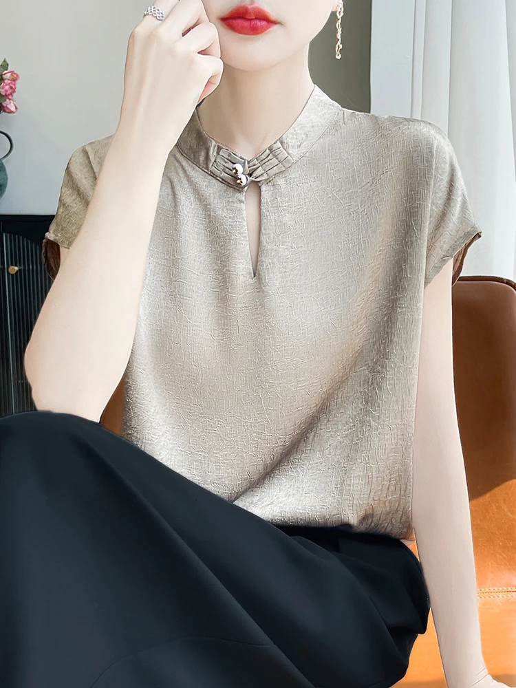 Silk Acetate Satin ort Sve T-irt Women's Stand Collar Button up Comfortable Simple Match All Season Chinese National S...