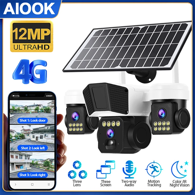 AIOOK Outdoor Solar Camera 3 Lens HD 12MP 4G Camera Auto Tracking Night Vision Waterproof CCTV Two-Way Intercom 16000mAh Battery