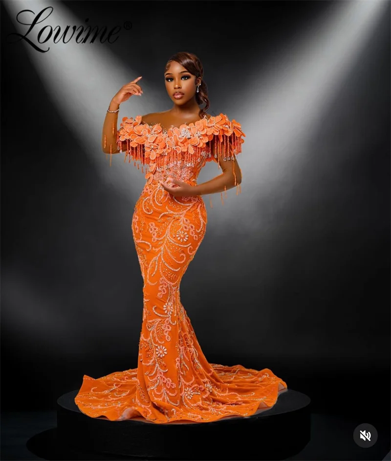 Elegante Oranje Zeemeermin Galajurken 2025, Plus Size Aangepaste Afrikaanse Avondjurken 3D Leafs Ontwerp Arabische Bruiloft Jurk