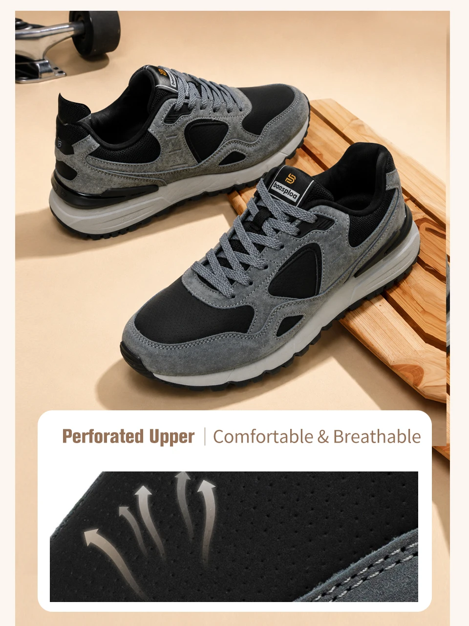 Baasploa Herren-Freizeitsneaker aus Leder, modische Turnschuhe für den täglichen Gebrauch, Lifestyle-Schuhe für Herren, neue bequeme Sportschuhe, rutschfest – Detail 5