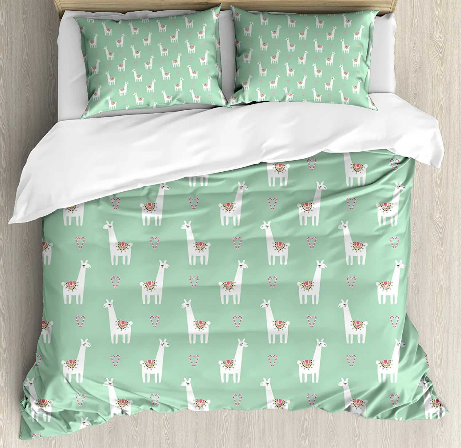 Llama Bedding Set Cute llama with Candy Cane Hearts Fun Pat 3pcs Duvet Cover Set Bed Set Quilt Cover Pillow Case Comforter Cover