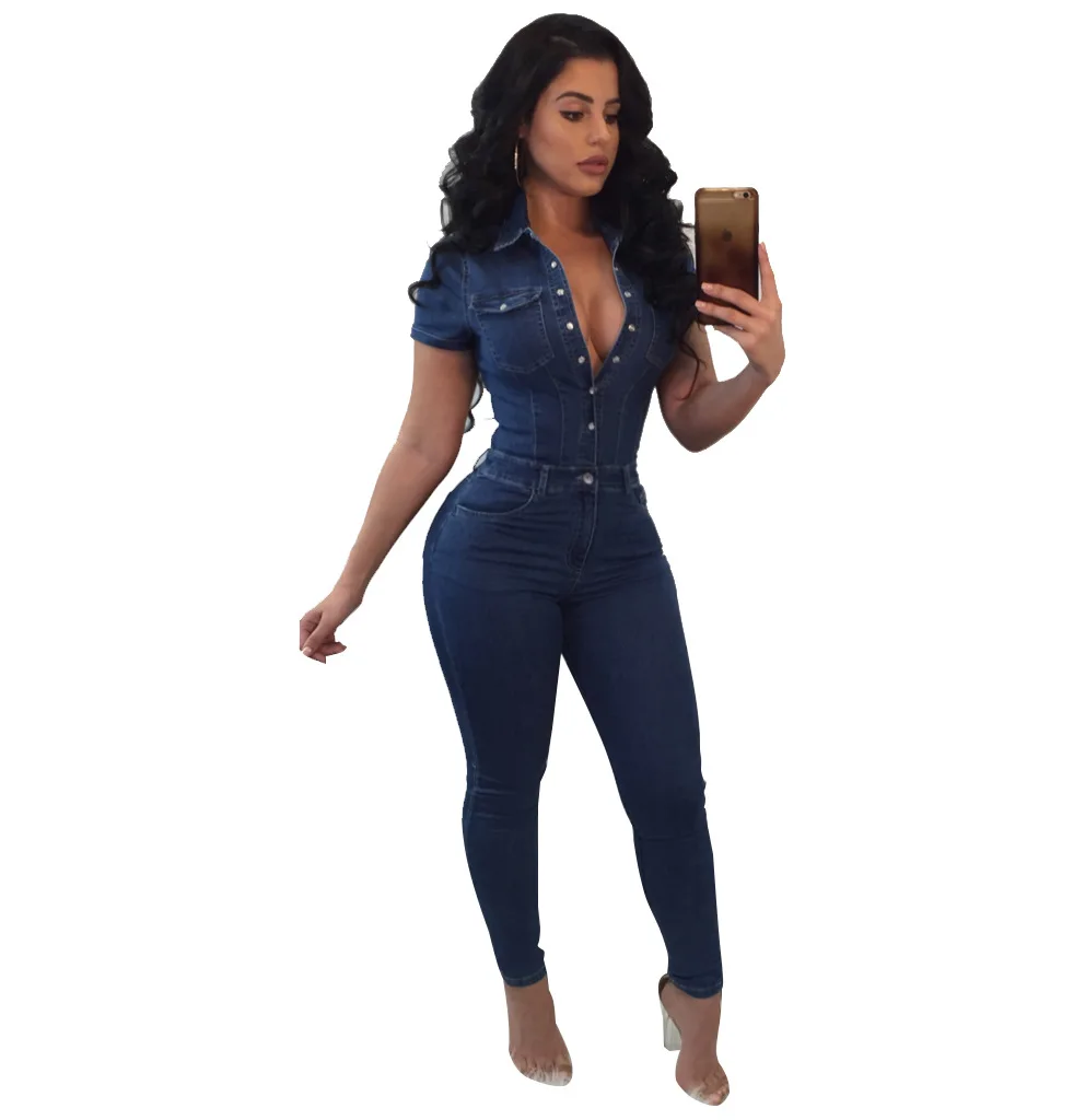 

Denim Jumpsuit Women Short Sleeve One Piece Pants Capri Pencil Jeans Rompers Slim Single Button Fashion Street Outfits Plussize
