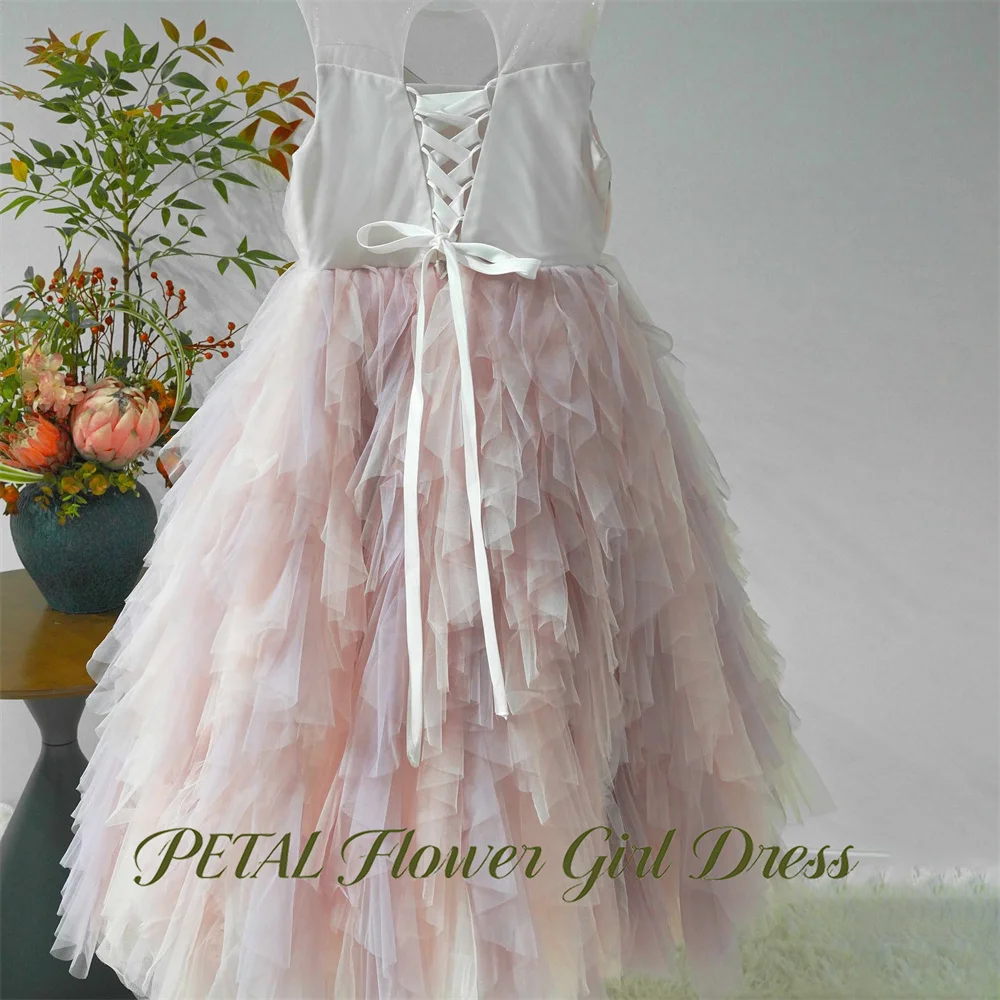 Petal Pink and Lavender Flower Girl Dress with Pearls Kids Birthday Party Dress Large Floral Tutu Fluffy Prom Gown Customized