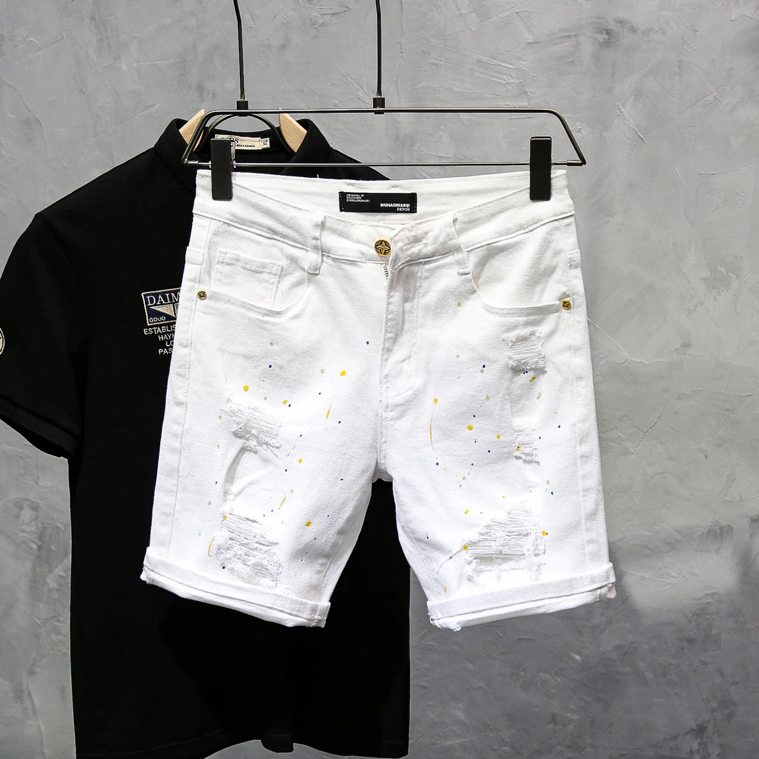 

Летние тонкие белые джинсовые брюки, мужские персональные эластичные универсальные облегающие брюки с чернилами и пяткой четверти