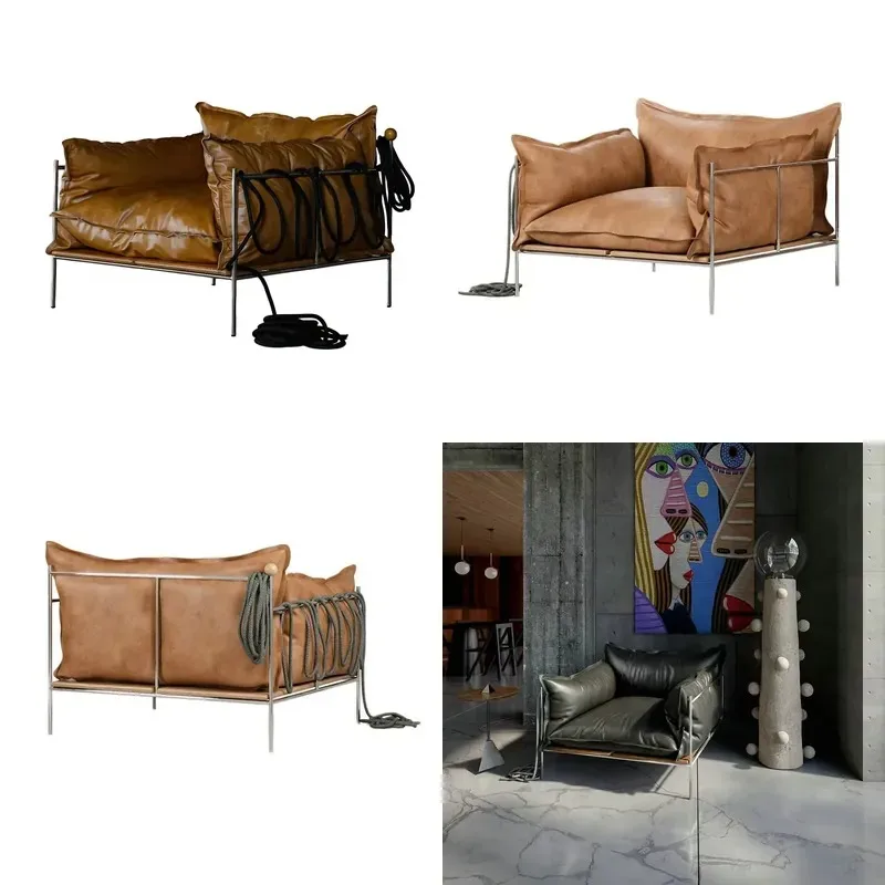 for Retro industrial style metal frame armchair with wax leather interior, environmentally friendly sofa, suitable for