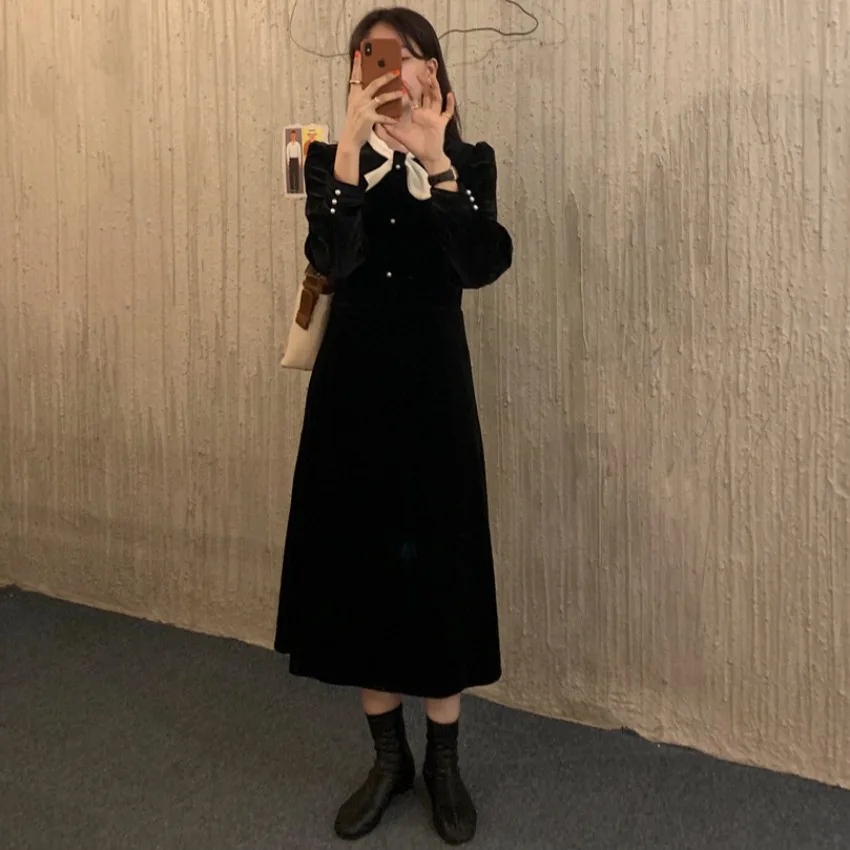 Ele terciopelo cintura acanchamiento nudo Dr Hepburn Sle coreano Faion primavera Otoño Invierno ropa Casual para mujeres