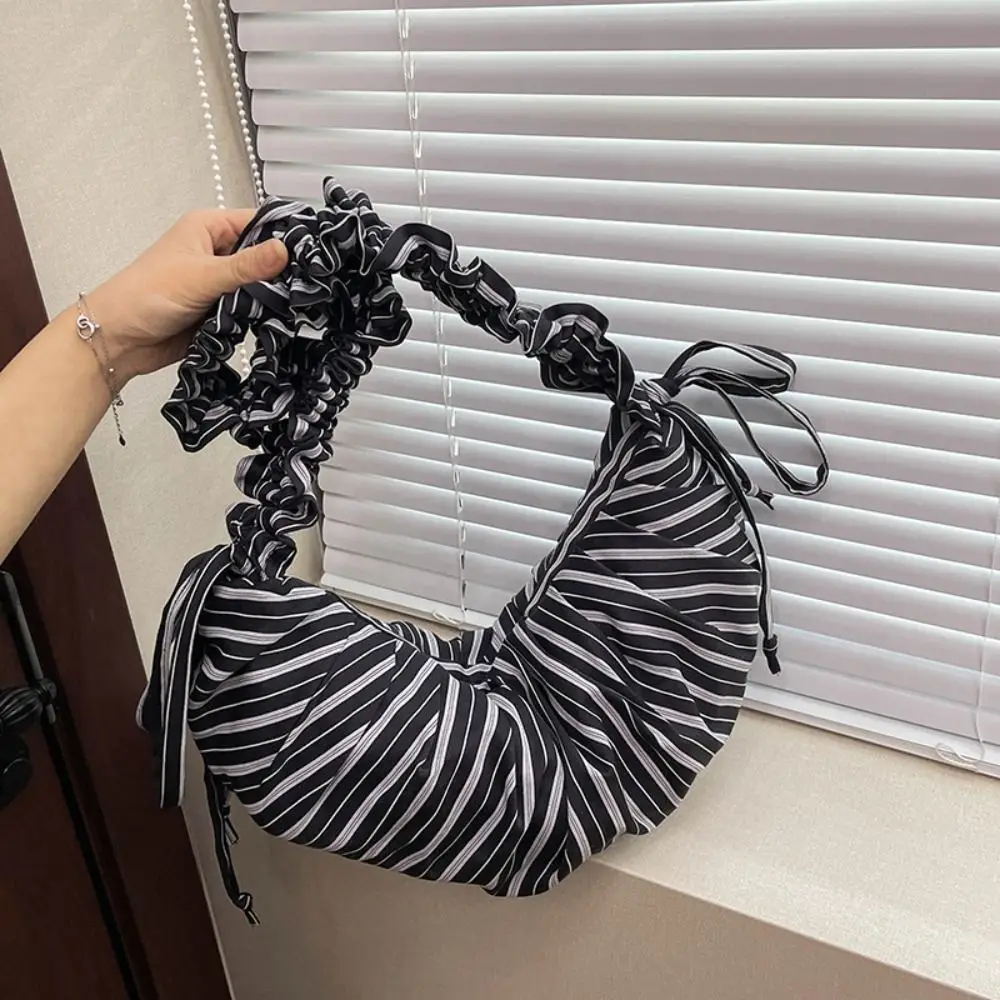

Korean Style Drawstring Shoulder Bag Lightweight Dumpling Bag Stripe Pleated Bag Large Capacity Ballet Style