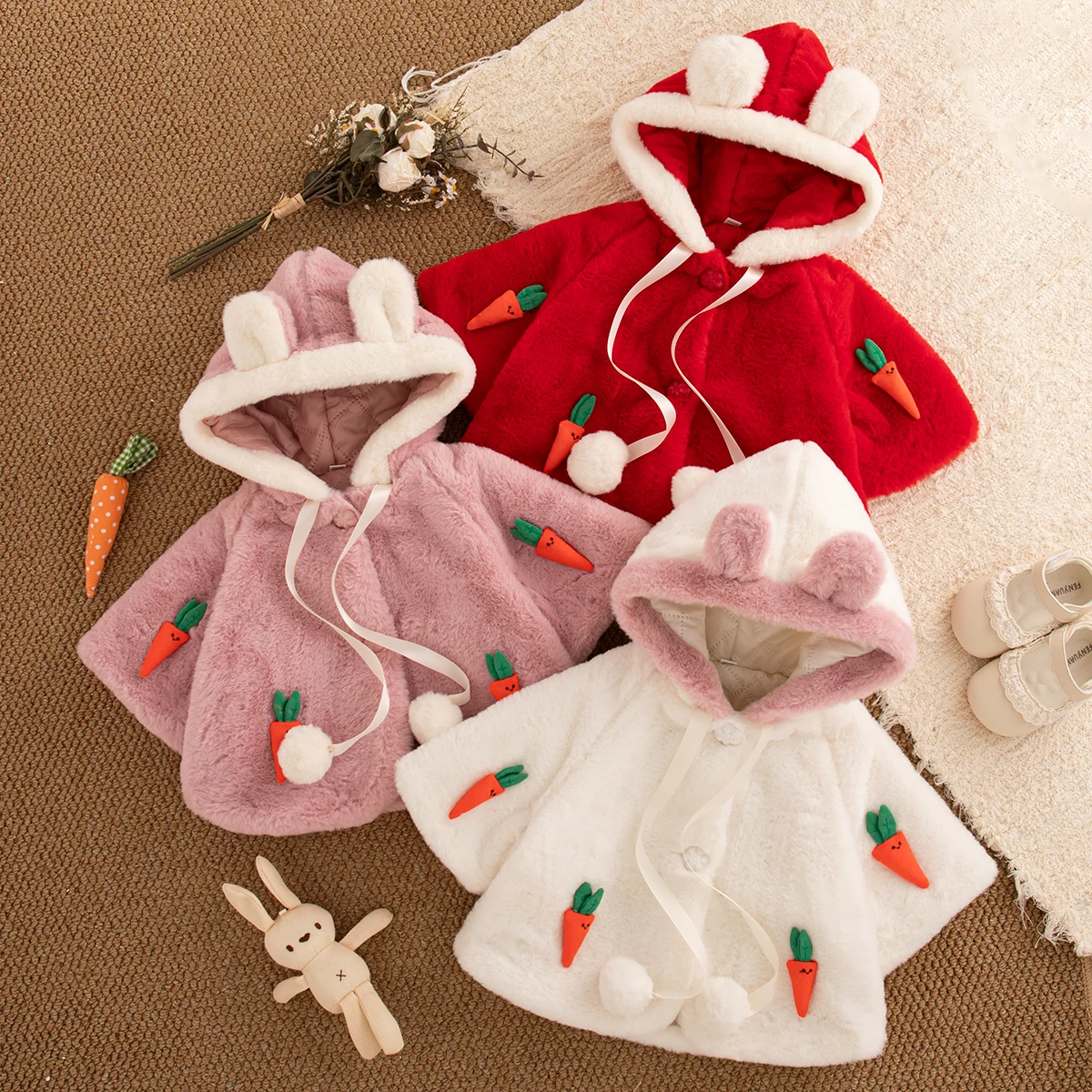 

Girls Outerwear Winter Solid Color Carrot Pattern Button Hooded Baby Tops Cartoon Thickened Windproof Girl Shawl Baby Clothes