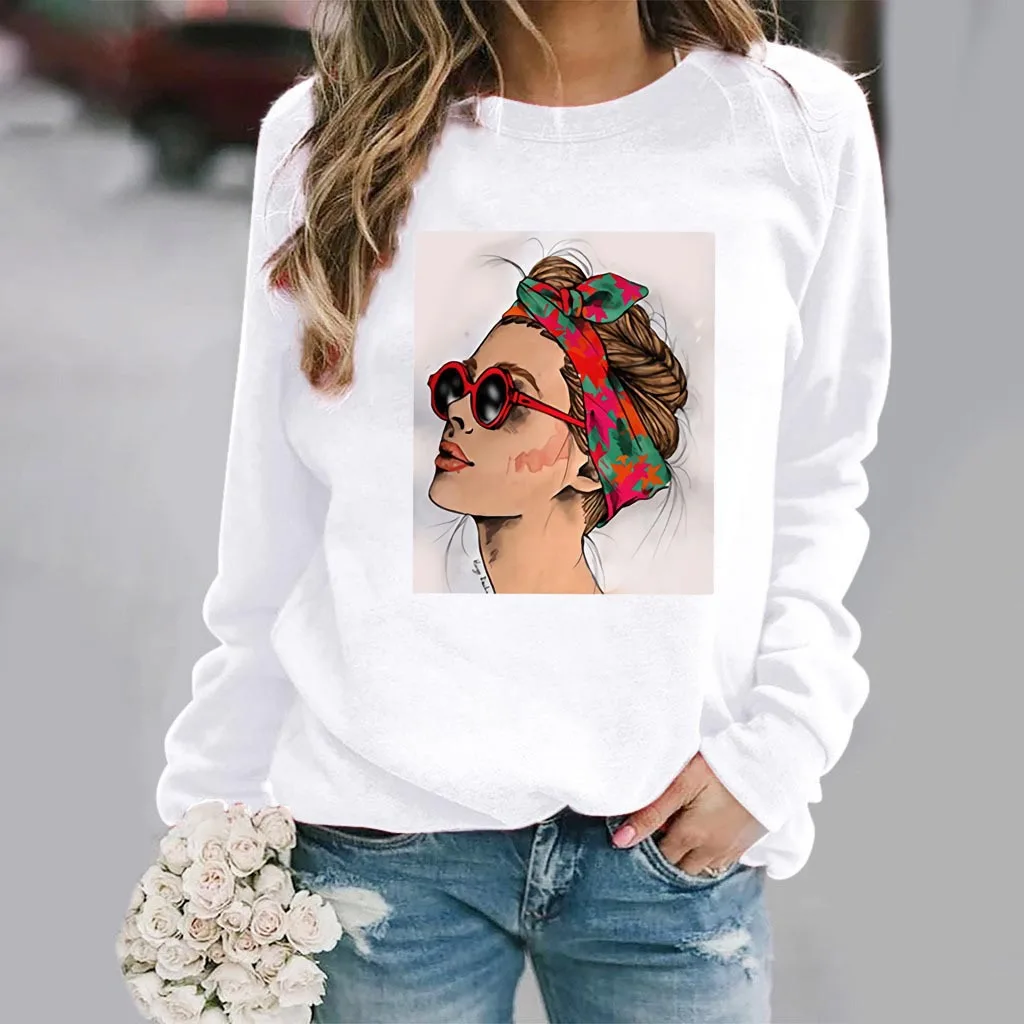 

Women's Hoodie Fashion Figures Letter-printed White Long-sleeved Ins Undershirt Women Sweatshirt Aesthetic Streetwear Women