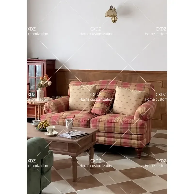 Romantic Fabric Sofa Retro Pastoral Style Scottish Red Plaid Couch Removable Washable Cover for Living Room Home Decor