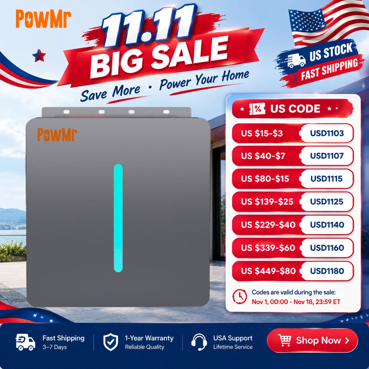 PowMr LiFePO4 Lithium Battery 25.6V 2.56kWh 100Ah Max 100A Charging Current Wall Mountable Bracket up to 8 Units in Parallel with Active Cooling and Multiple Protections Ideal for Residential Energy Storage RV Solar Home