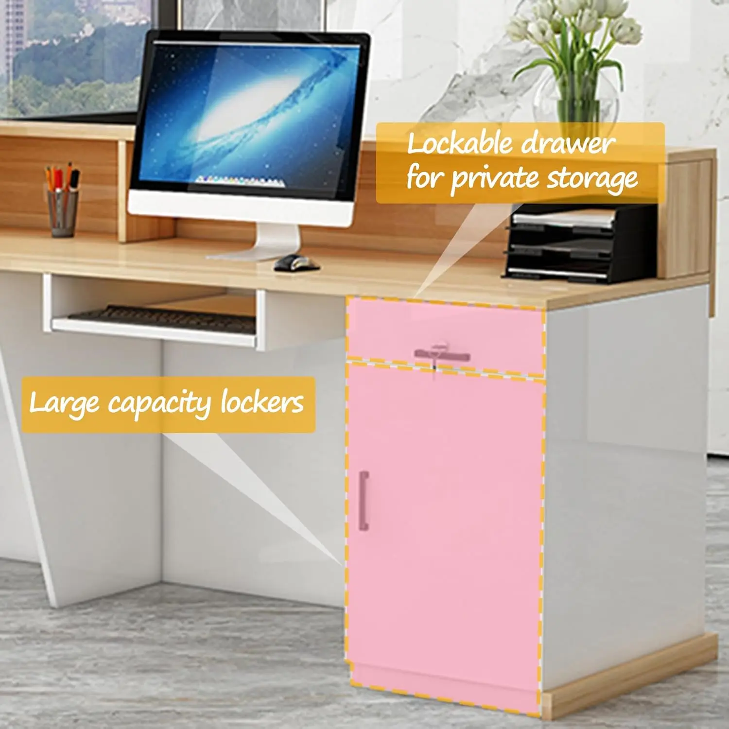 Modern Reception Desk with Counter, 63" Solid Wood Front Desk with Lockable Drawers/Cabinets/LED Light Strip.