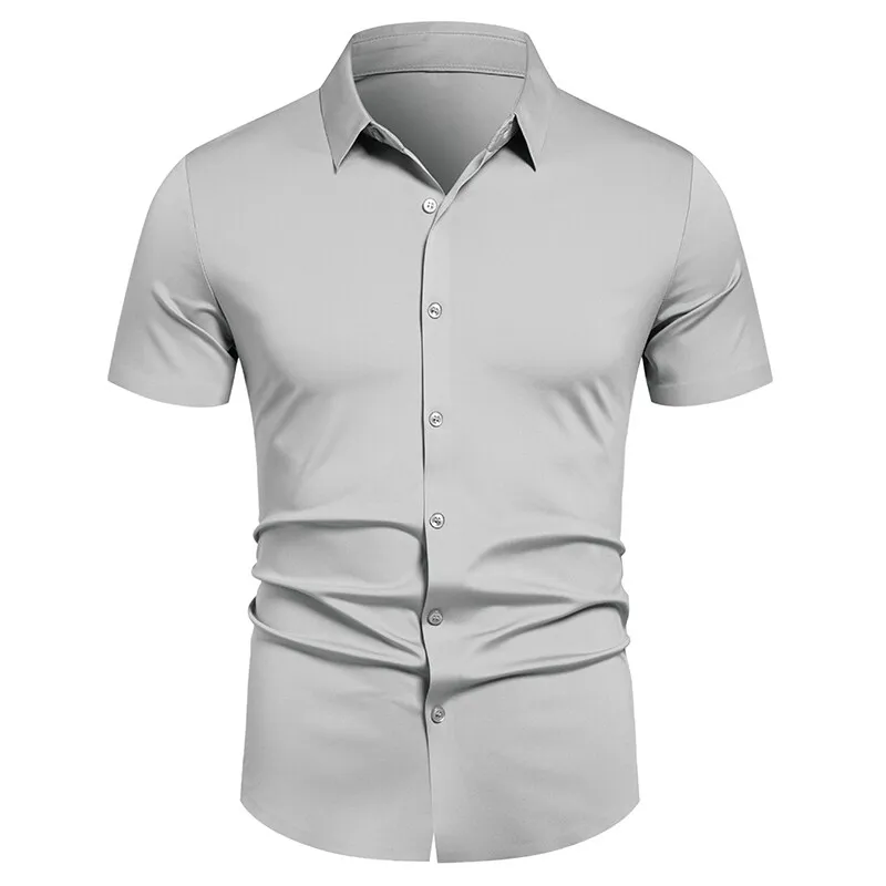 Camisa Masculina Stretch Sem Rugas Camisas Sociais Ajuste Regular Manga Curta Casual de Negócios Camisas com Botão