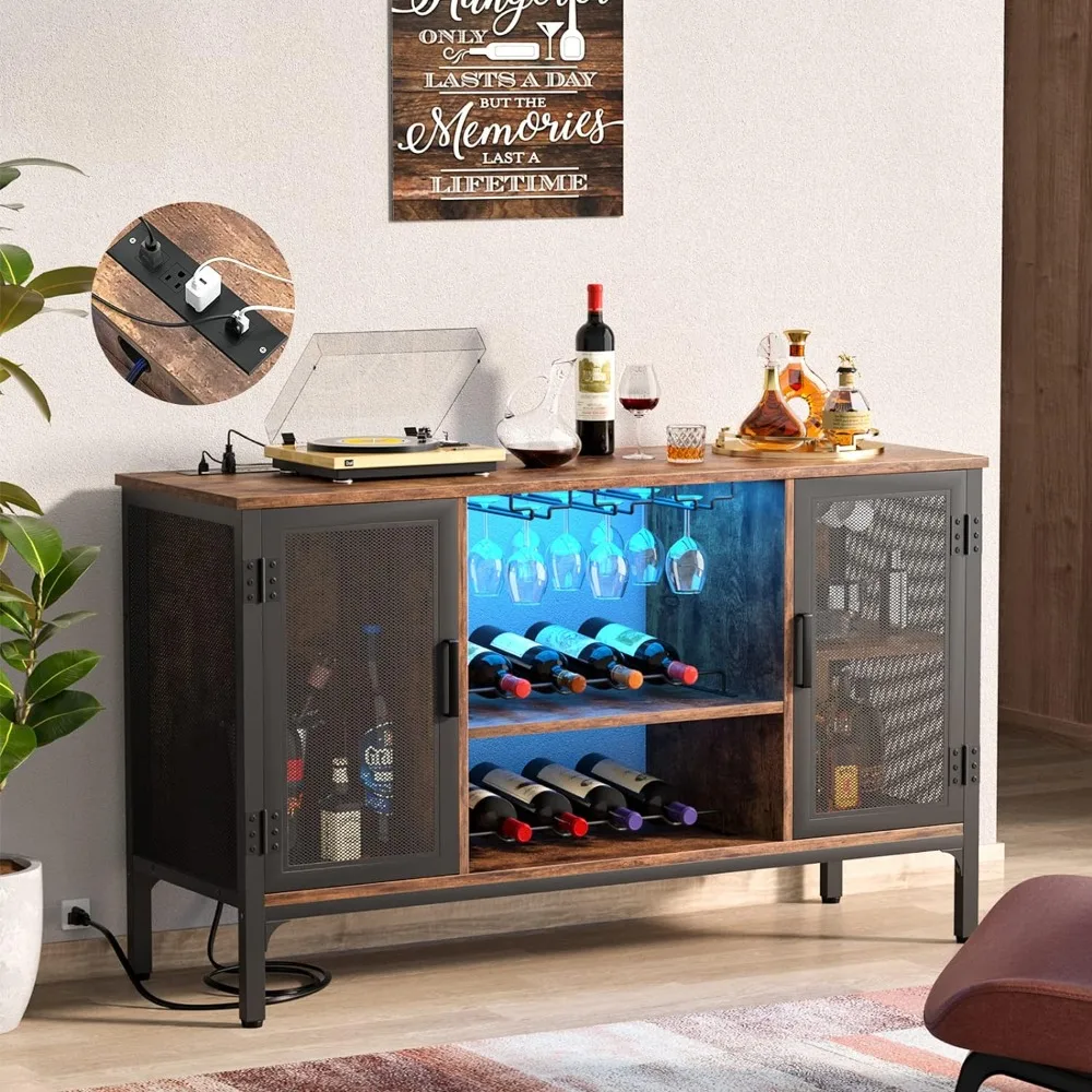 

Homieasy Wine Bar Cabinet with Led Lights and Power Outlets, Industrial Coffee Bar Cabinet for Liquor and Glasses, Farmhouse Bar